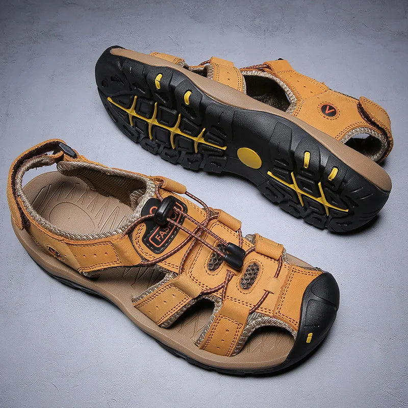2026 New Men's Sandals Handmade Thick Bottom Rubber Breathable Casual Slip-On Beach Shoes Leather Upgraded Version