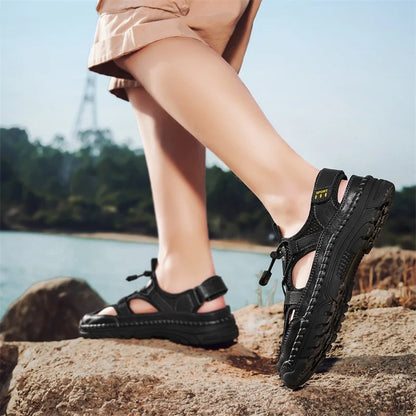Men's Handmade Simple Letter-Print Sandals, Summer Beach Hollow Sandals, Fashionable Velcro Men's Shoes, Outdoor Hiking and River-Tracing Shoes, Comfortable, Breathable, Wear-Resistant, Non-Slip, Large Size Men's Shoes