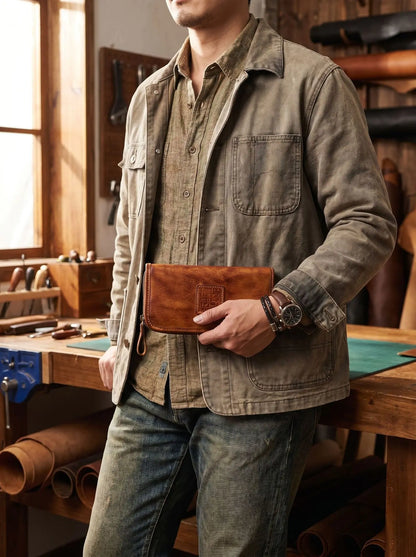 YETTIES Men's Vegetable Tanned Leather Long Clutch Wallet Large Capacity Multi-Function Document Vintage Business Handheld Purse
