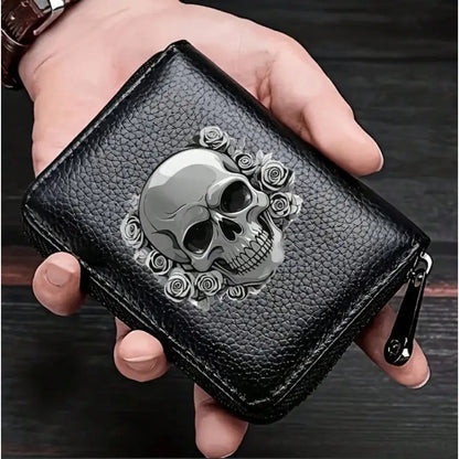 Gothic Skull Floral Print Wallet Multifunctional Card Holder Zipper Coin Purse Unique Gift For Men Mini Wallet Purse Card Holder