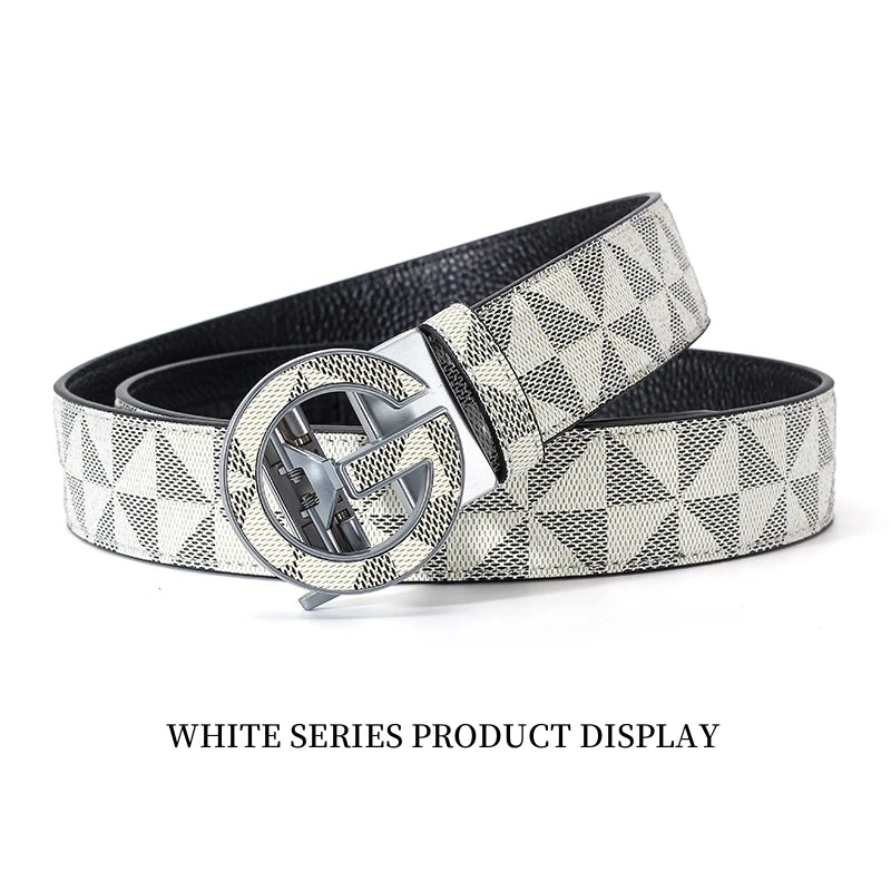 Men's Luxury Automatic Buckle Belt Classic Triangle Pattern PU Leather Business Casual Waistband for Jeans