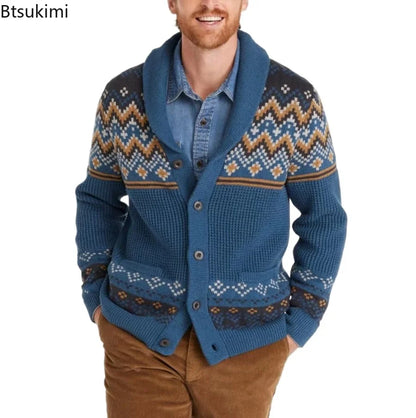 2026 Men's Winter Knitted Sweater Jacket Vintage Jacquard Cardigan Sweaters Lapel Single Breasted Knitted Sweater Coats for Men