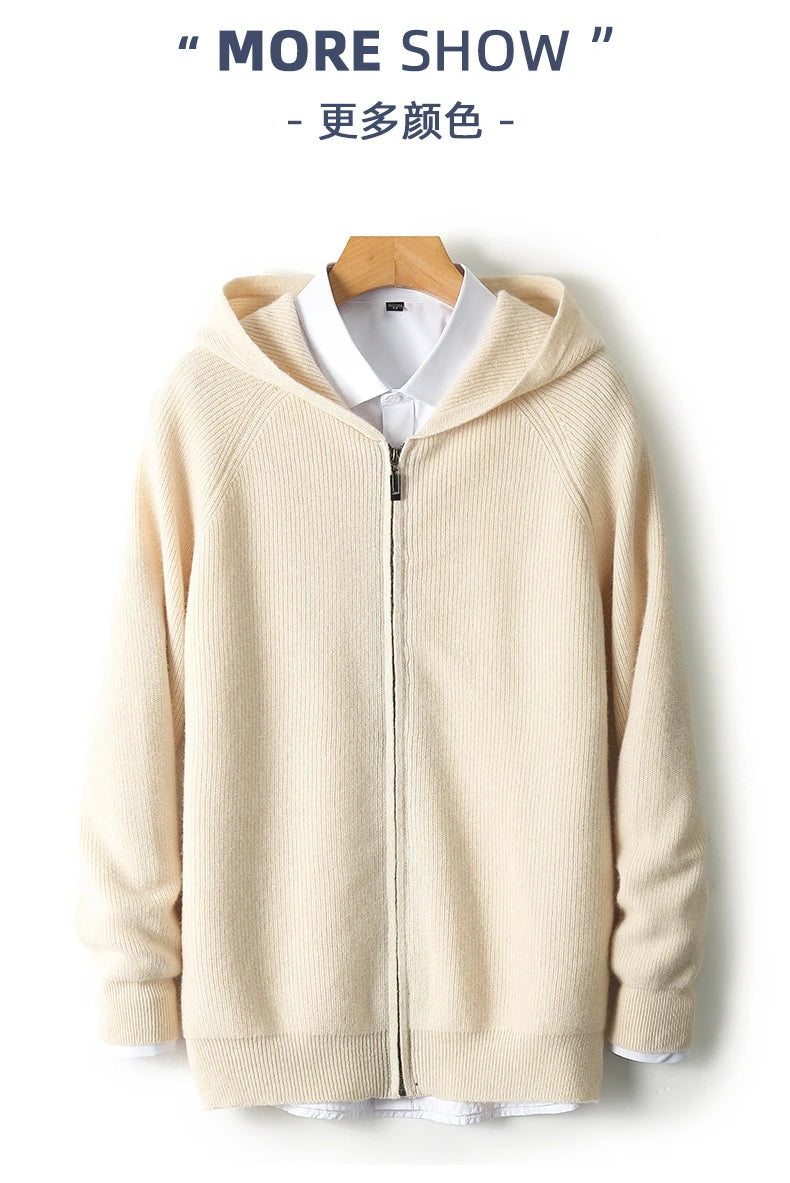 Men 100% Merino Wool Sweater Hooded Zipper Cardigan Autumn Winter Thickened Knit Large-size Jacket Long Sleeved Sportswear Coat