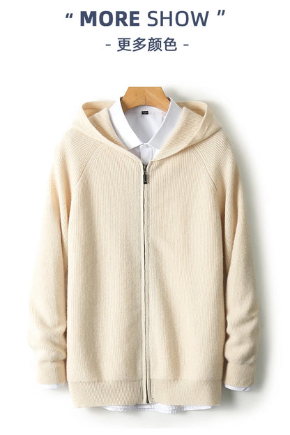 Men 100% Merino Wool Sweater Hooded Zipper Cardigan Autumn Winter Thickened Knit Large-size Jacket Long Sleeved Sportswear Coat