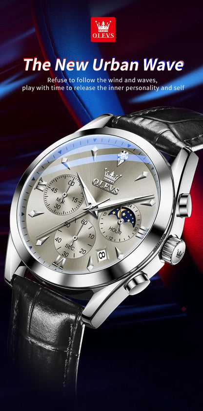 OLEVS Luxury Men's Watches Leather Strap Waterproof Luminous Chronograph Moon Phase Man Watch Top Original Quartz Watch for Men