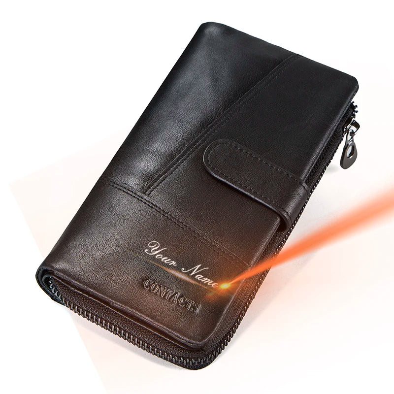 CONTACTS Genuine Leather Men Wallet Long Vintage Bifold Men's Wallet Zipper Coin Purses Large Capacity Money Clips Card Holder
