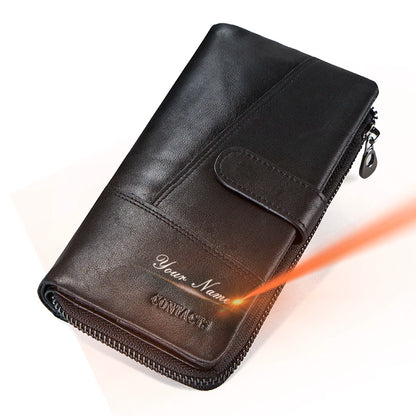CONTACTS Genuine Leather Men Wallet Long Vintage Bifold Men's Wallet Zipper Coin Purses Large Capacity Money Clips Card Holder