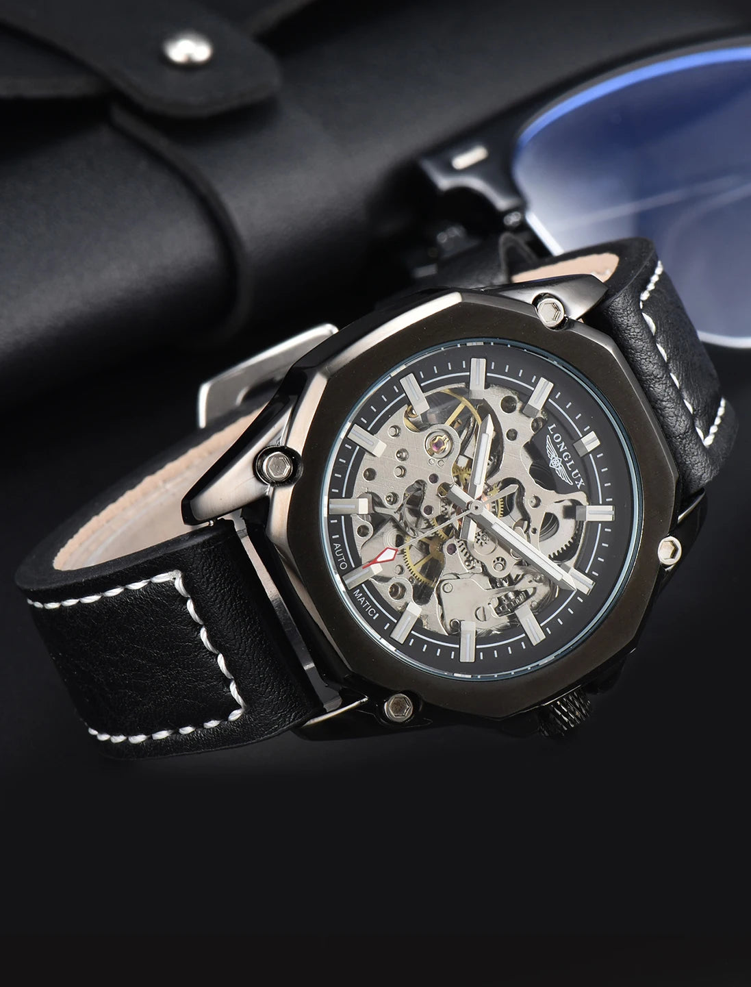 LONGLUX Automatic Watch Sport Style Wholesale Mechanical Wristwatches Fashion Hollow Leather Mens Watch Men Gift