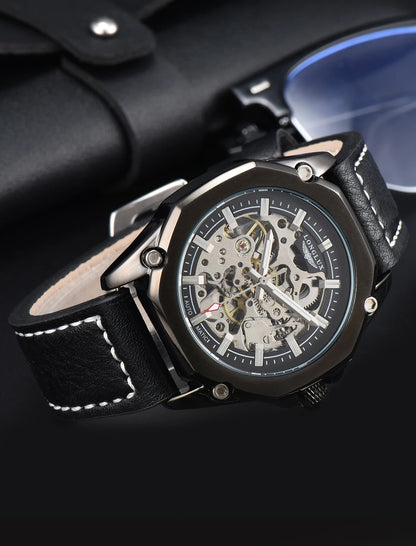 LONGLUX Automatic Watch Sport Style Wholesale Mechanical Wristwatches Fashion Hollow Leather Mens Watch Men Gift
