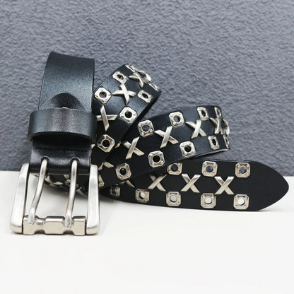 Rock Genuine Leather Luxury Punk Belt Jeans Heavy duty Hollow manual  Designer Brand Belt Men Rivet Three-pin buckle Belt Male