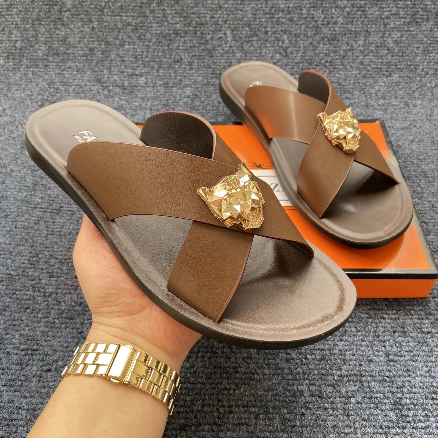 genuine leather slippers men original summer fashion Man slippers outdoor slides size 38-48 new brand designer shoes for man