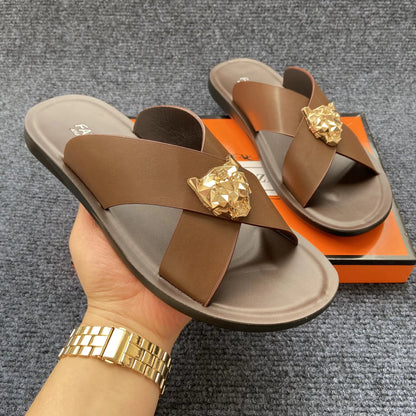 genuine leather slippers men original summer fashion Man slippers outdoor slides size 38-48 new brand designer shoes for man