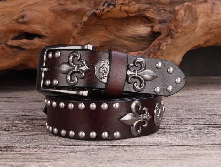 High Quality Metal Rivet Cowboy Belt Top Grain Genuine Leather Cowskin Men Belt Punk Rivet Jeans Belts For Men