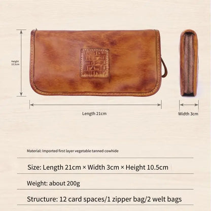 YETTIES Men's Vegetable Tanned Leather Long Clutch Wallet Large Capacity Multi-Function Document Vintage Business Handheld Purse