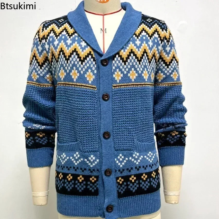 2026 Men's Winter Knitted Sweater Jacket Vintage Jacquard Cardigan Sweaters Lapel Single Breasted Knitted Sweater Coats for Men