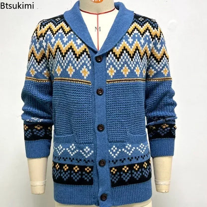 2026 Men's Winter Knitted Sweater Jacket Vintage Jacquard Cardigan Sweaters Lapel Single Breasted Knitted Sweater Coats for Men