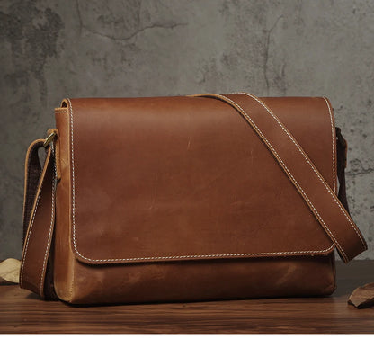 NUKA Men's Genuine Leather Shoulder Bag Retro Original Cowhide Horizontal Crossbody Deluxe Flap Messenger Bags For 11 Inch Ipad