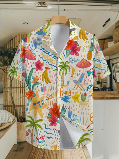 Men's Coconut Tree Graphic Print Short Sleeve Lapel Shirt Tops Men's Casual Button-Down Shirts for Summer Daily Wear Men Clothes