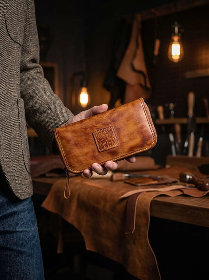 YETTIES Men's Vegetable Tanned Leather Long Clutch Wallet Large Capacity Multi-Function Document Vintage Business Handheld Purse