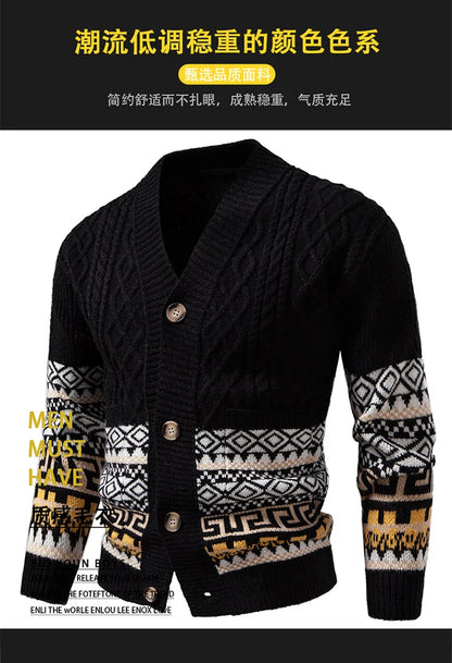 Men's Cable Knit Fair Isle Geometric Striped Cardigan V Neck Button Front Pocket Long Sleeve Sweater Autumn Winter Casual