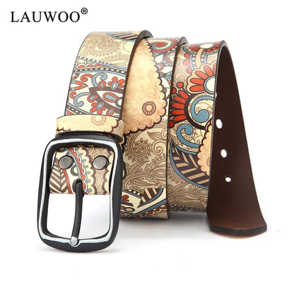 LAUWOO Women Belt Luxury Brand Genuine leather belt for men fashion printed belts  for women Retro Unisex Casual Jeans Belts