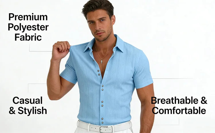 Men's Textured Woven Polyester Shirt Short Sleeve Turn Down Collar Button Down Casual Breathable Summer Beach Tops for Men