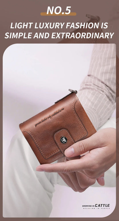 BULLCAPTAIN Men's Genuine Leather Wallet Business Retro Snap Wallet Multifunctional RFID Anti-Theft Zipper Multi-Card Coin Purse