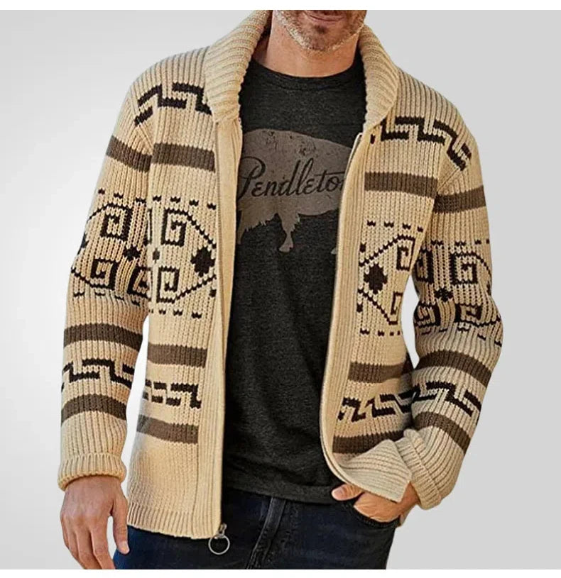Men's Geometric Knit Cardigan Shawl Collar Full Zip-Up Tribal Print Sweater Chunky Ribbed Knit Vintage Navajo-Inspired Jacket
