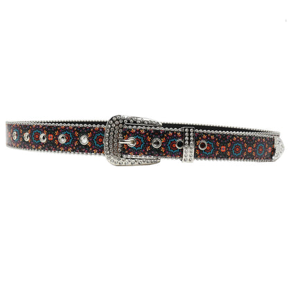 Rhinestone belt B&B style blue print pattern Women's Jeans Rhinestone Belt Men's Belt Western Denim Leather HipHop Rock