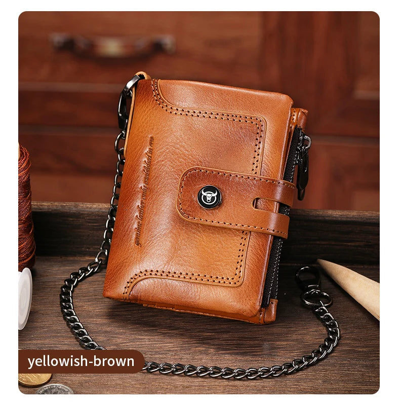 BULLCAPTAIN Men's Genuine Leather Wallet Business Retro Snap Wallet Multifunctional RFID Anti-Theft Zipper Multi-Card Coin Purse