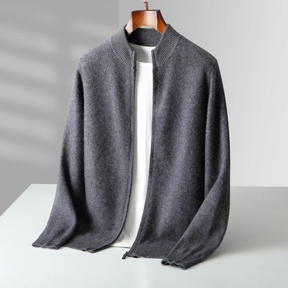 100% Merino Wool Men's Warm Sweater Mock Collar Thickened Zippered Cardigan Autumn Winter New Cashmere Knitted Long Sleeve Tops