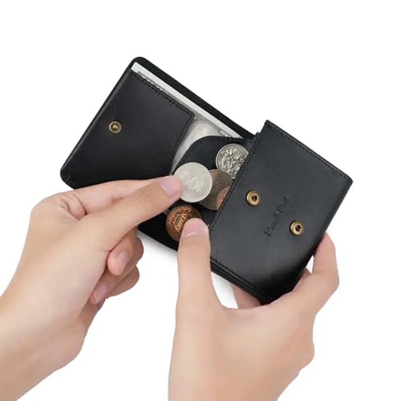 Pomelo Best Portable Men's Bifold Small Vintage Genuine Fine Grain Leather Wallet with Coin Compartment Press Stud Gift for Men