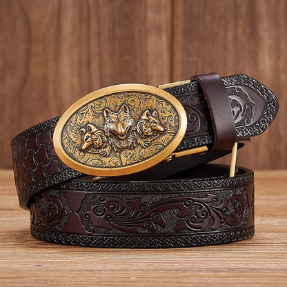 3.5cm Fashion Embossing Retro Male Belts for Men Business Split Leather Belt Dragon Pattern Automatic Buckle Strap