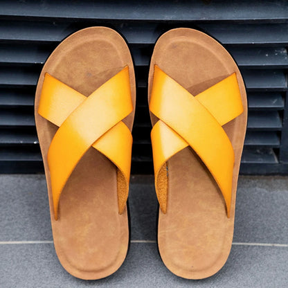 Men Summer Shoes Italian Leather Slippers Outdoor Men High Quality Big Size 38-47 Beach Flip Flops Slip on Men's Sandals MSH038