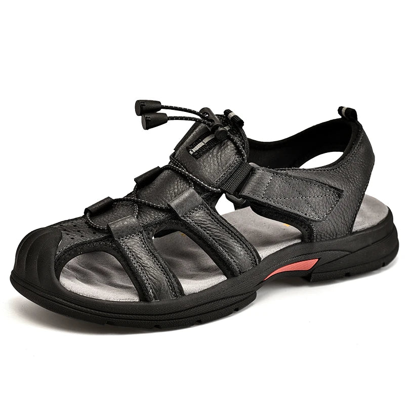 Genuine Leather Mens Water Beach Sandals Summer Closed Toe Sandals Non-slip Hiking Wading Sneakers Quick Dry Wading Aqua Shoes