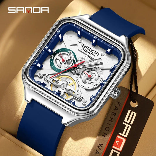 SANDA New Casual Men's Square Watches Fashion Hollow Skeleton Luminous 5ATM Waterproof Multifunction Chronograph Quartz Watch