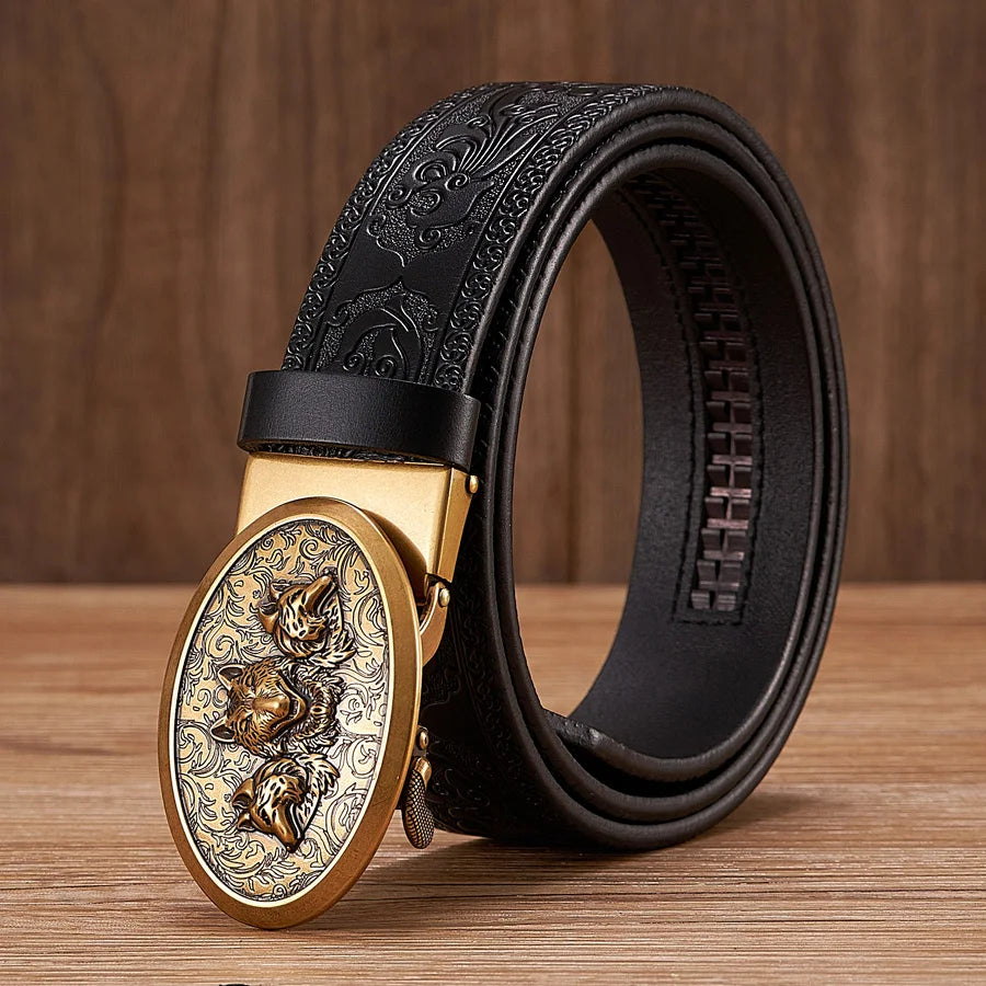 3.5cm Fashion Embossing Retro Male Belts for Men Business Split Leather Belt Dragon Pattern Automatic Buckle Strap