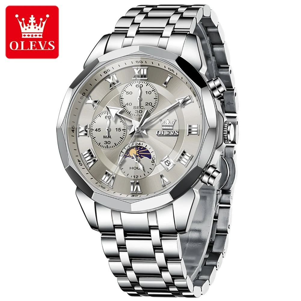 OLEVS 3675 Luxury Calendar Stainless Steel Quartz Mens Wristwatches Chronograph Waterproof Watch for Men Luminous Reloj Hombre