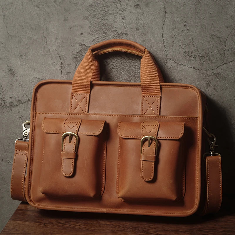 NUKA Retro Natural Cowhide Handbag Men's Real Leather Executive Briefcase Luxury Business Shoulder Bag Daily File Messenger Bags