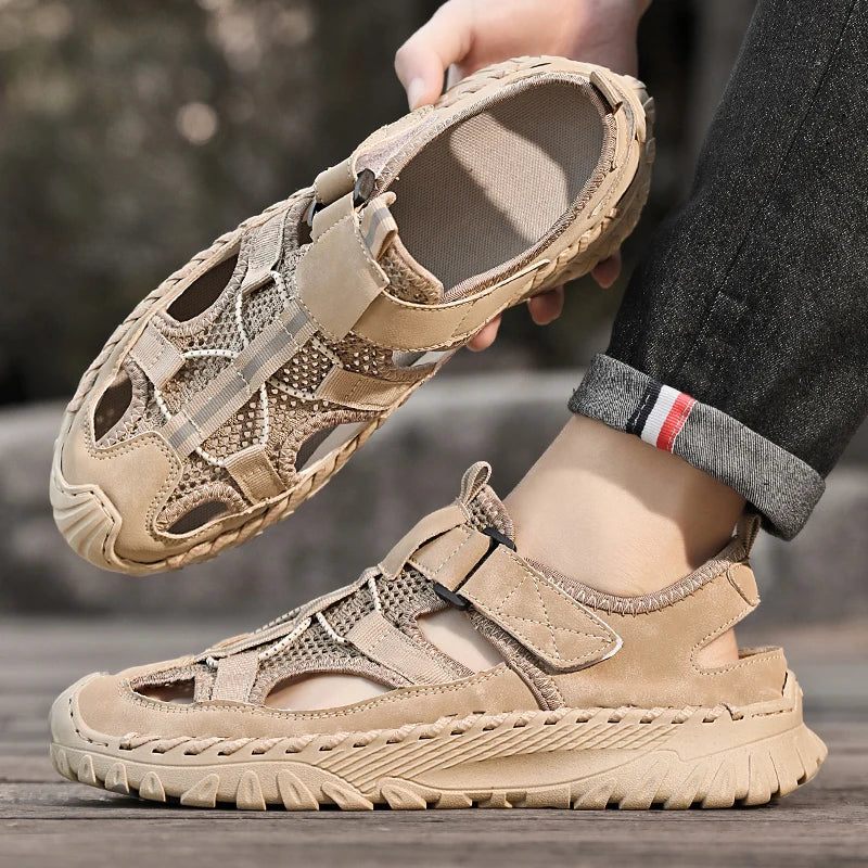 Men Outdoor Protective Toe Sandals Hollow Breathable Mesh Upper Quick Dry Lining Non Slip Walking Camping Driving Casual Shoes