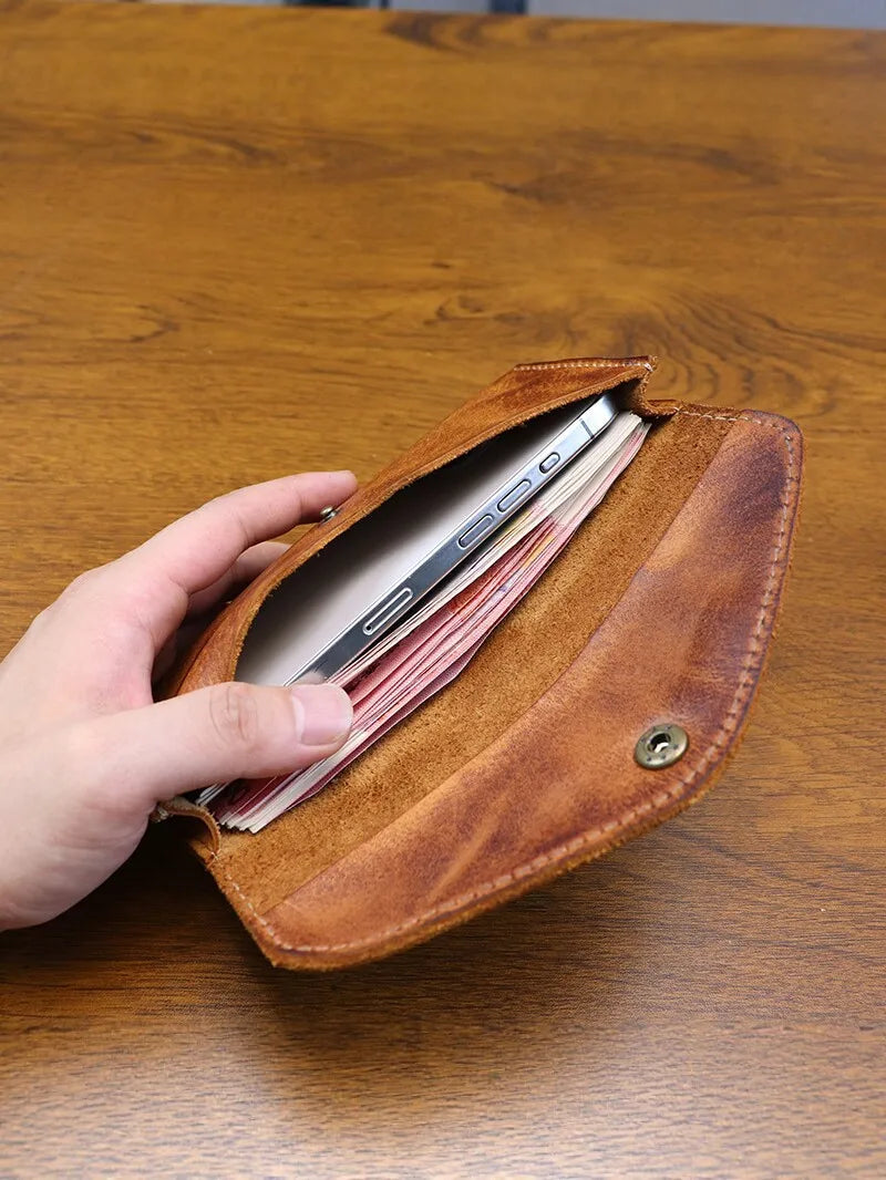 Genuine Leather Retro Men Handmade Wallet Handbag High Quality Phone Pocket Simple Card Bag Big Capacity Male Purses