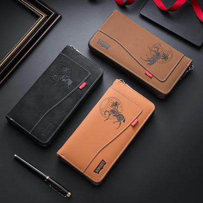 New men's wallet made of crazy horse leather with retro style from Europe and America PU zipper bag fashionable short card bag a