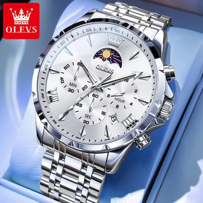 OLEVS 3653 Original Mens Quartz Watch NEW Four Functional Small Dials Chronograph 24-hour Moon Phase Stainless Steel Waterproof Man Wristwatch