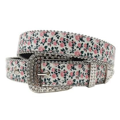 Rhinestone belt blue totem print New Women's Fashion Rhinestone Versatile Fashion PU Leather Belt Jeans Punk Rock Y2K Belt
