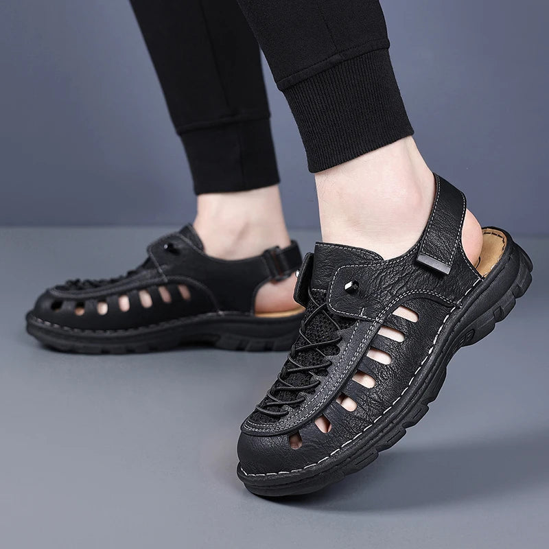 New Summer Men's Leather Sandals Casual Outdoor Beach Shoes Comfortable Male Hollow Out Footwear Leisure Walk Sandaly Sandalias