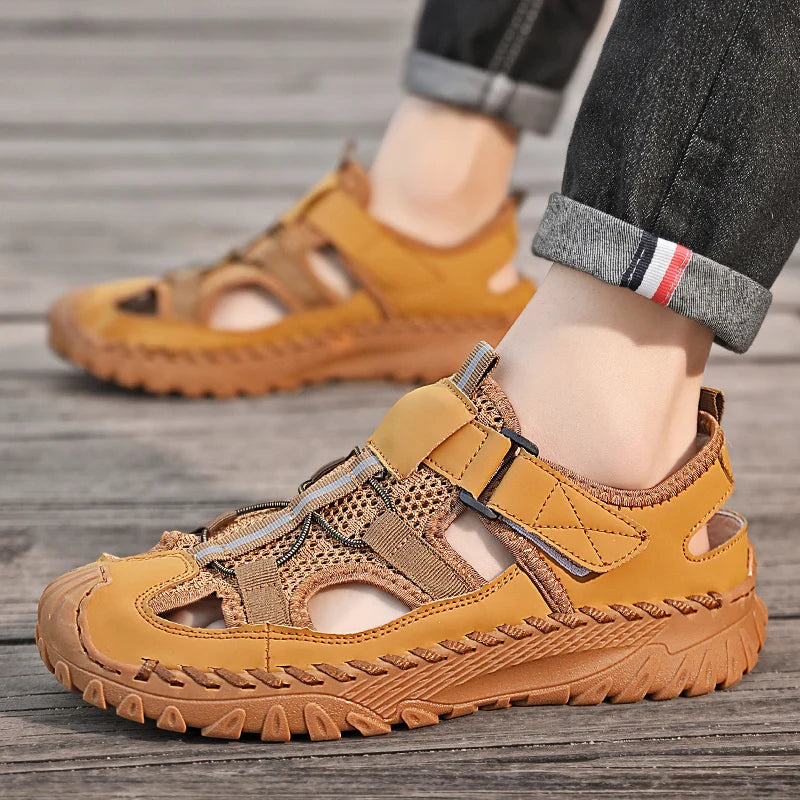 Men Outdoor Protective Toe Sandals Hollow Breathable Mesh Upper Quick Dry Lining Non Slip Walking Camping Driving Casual Shoes