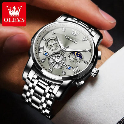 OLEVS Men's Watches Classic Multifunctional Flywheel Chronograph Original Quartz Wristwatch Moon Phase 24 Hour Waterproof Reloj