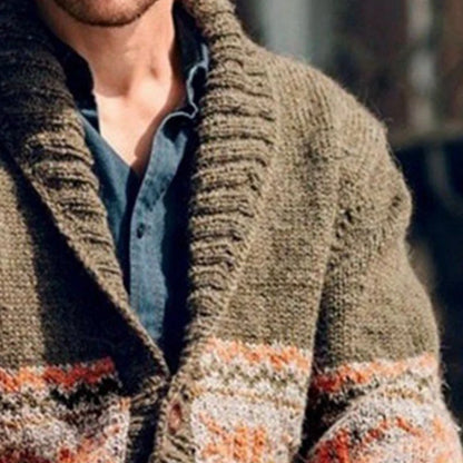 New American Jacquarded Men Cardigan Jacket Light Luxury Military Green Knitted Long Sleeve Sweater Coat Splicing Print Knitwear