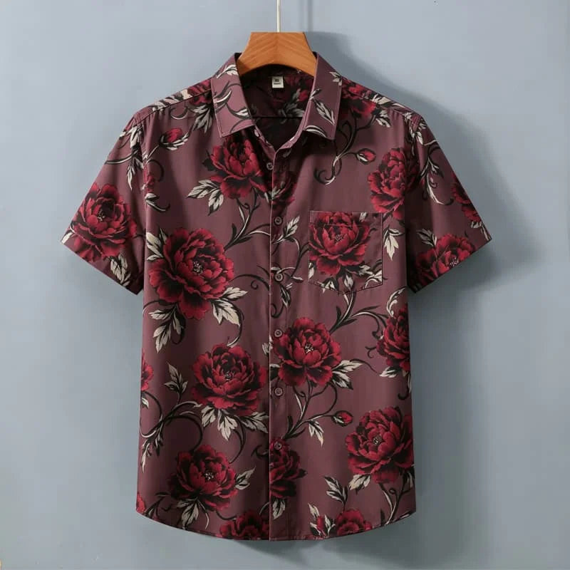 Men's Retro Floral Printed Short Sleeved Shirt With pockets, Elegant Retro style, For commuting, Light vacations, Dates