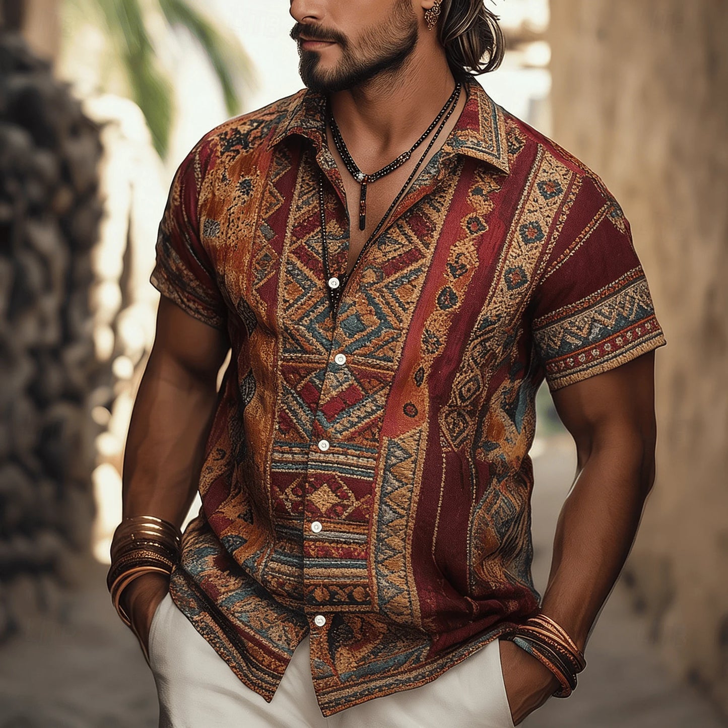 Men's Ethnic Tribal Geometric Print Short Sleeve Shirt, Vintage Pattern Button Down For Spring Summer Casual
